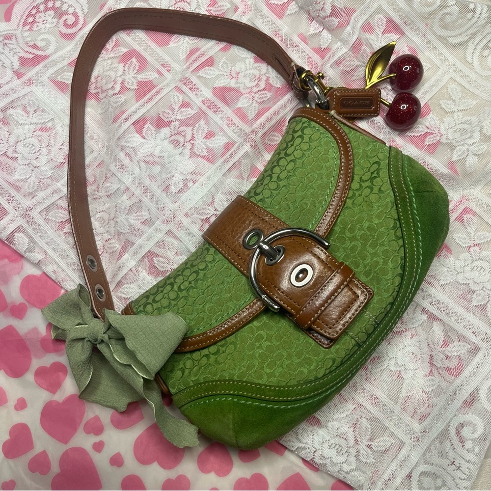 RARE COACH Soho Buckle Small Green Apple Signature Jacquard Shoulder Bag Y2K